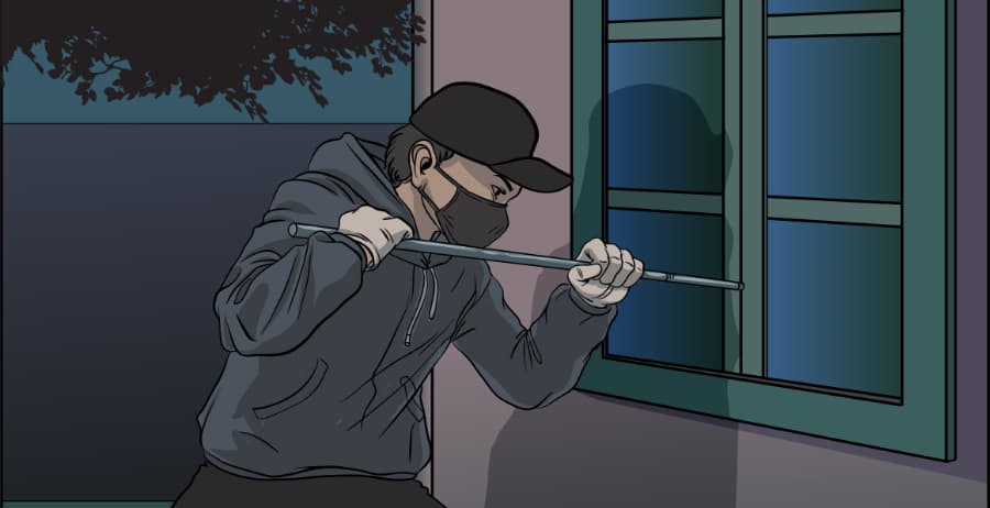 Illustration of burglar forcing entry through a window in Jefferson City