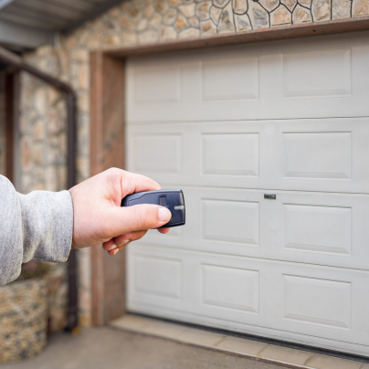 Jefferson City security key fob pointing to a garage door